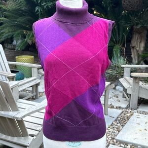 St John’s Bay 100% Cotton Turtleneck Sweater Vest, Fuchsia/Violet Argyle, Sz L